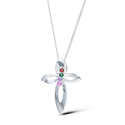 Sterling Silver Four Birthstone Cross Pendant Necklace