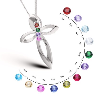 Sterling Silver Four Birthstone Cross Pendant Necklace