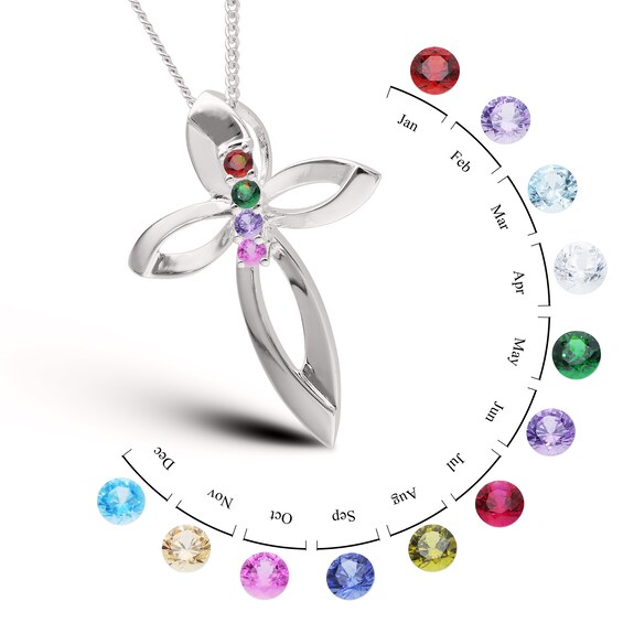 Sterling Silver Four Birthstone Cross Pendant Necklace