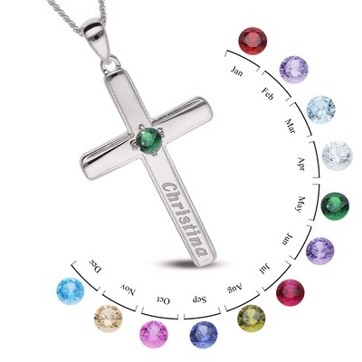 Sterling Silver Birthstone Keepsake Cross Engravable Pendant Necklace