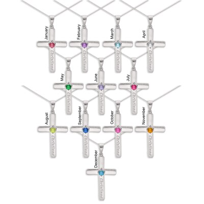 Sterling Silver Birthstone Keepsake Cross Engravable Pendant Necklace