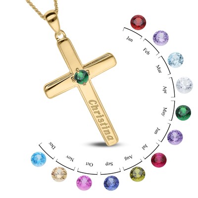 14K Gold Plated Birthstone Keepsake Cross Engravable Pendant Necklace