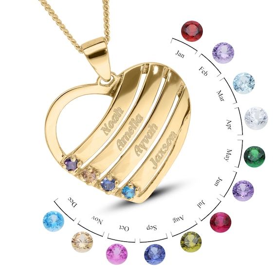14K Gold Plated Birthstone Four Name Heart Pendant Necklace