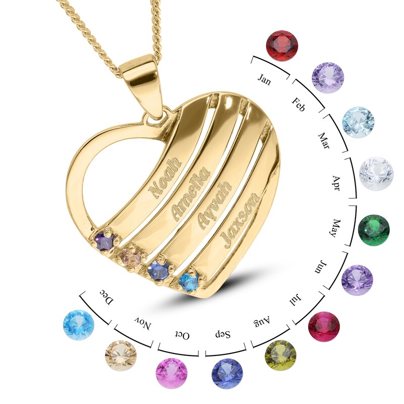 Main Image 3 of 14K Gold Plated Birthstone Four Name Heart Pendant Necklace