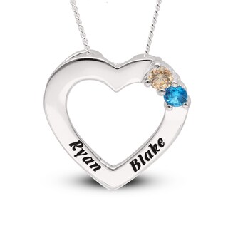 Sterling Silver Two Birthstone Two Name Heart Pendant Necklace