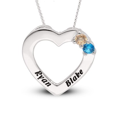 Sterling Silver Two Birthstone Two Name Heart Pendant Necklace