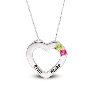 Sterling Silver Two Birthstone Two Name Heart Pendant Necklace