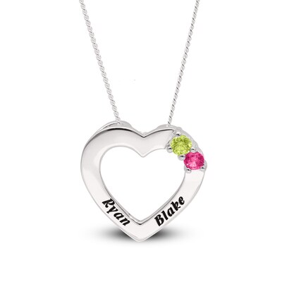Sterling Silver Two Birthstone Two Name Heart Pendant Necklace