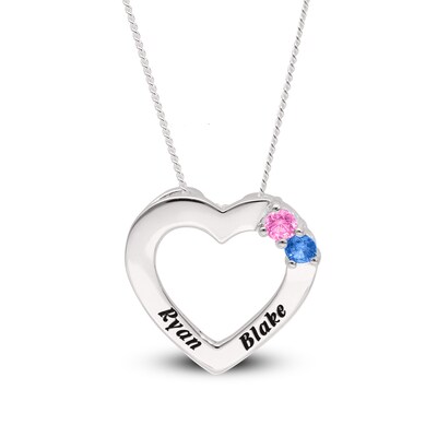 Sterling Silver Two Birthstone Two Name Heart Pendant Necklace