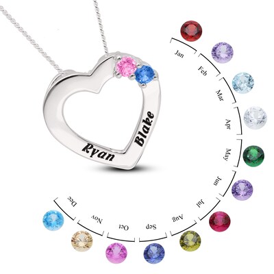 Sterling Silver Two Birthstone Two Name Heart Pendant Necklace