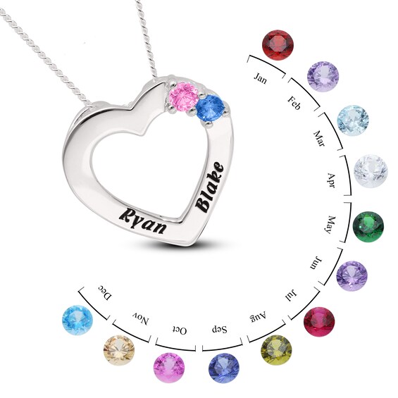 Sterling Silver Two Birthstone Two Name Heart Pendant Necklace