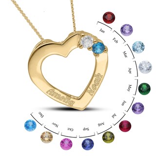 14K Gold Plated Two Birthstone Two Name Heart Pendant Necklace