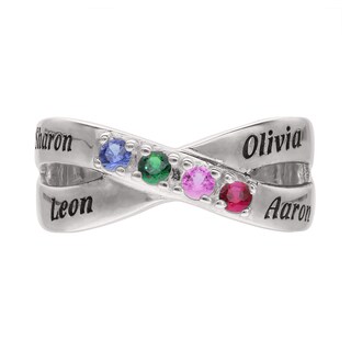 Sterling Silver Birthstone Four Name Crossover Ring