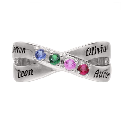 Sterling Silver Birthstone Four Name Crossover Ring