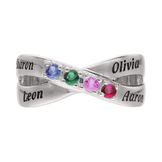 Sterling Silver Birthstone Four Name Crossover Ring