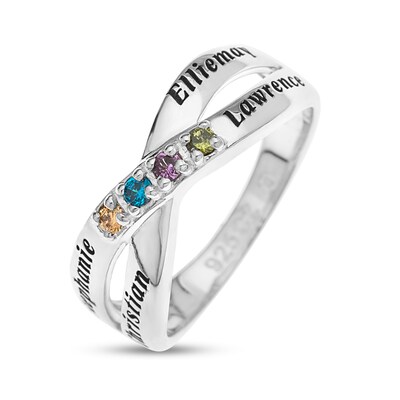 Sterling Silver Birthstone Four Name Crossover Ring