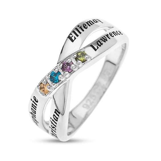 Sterling Silver Birthstone Four Name Crossover Ring
