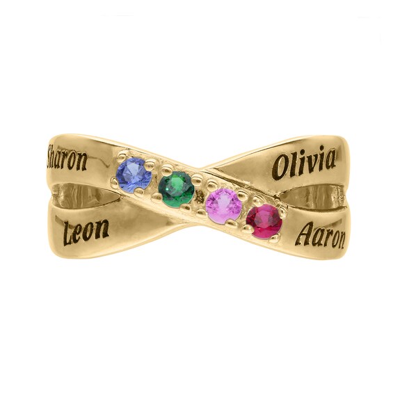 14K Gold Plated Birthstone Four Name Crossover Ring