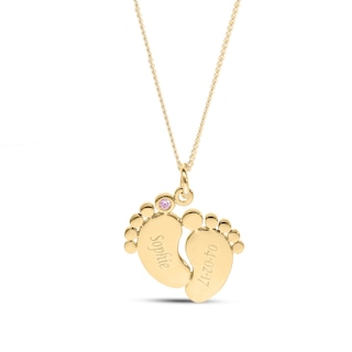 14K Gold Plated Birthstone Baby Feet Engravable Pendant Necklace