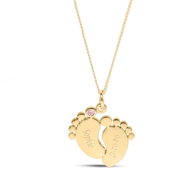 14K Gold Plated Birthstone Baby Feet Engravable Pendant Necklace