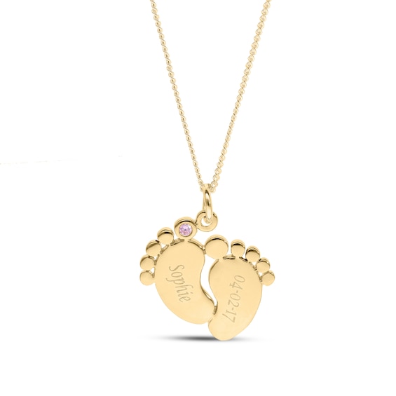 14K Gold Plated Birthstone Baby Feet Engravable Pendant Necklace