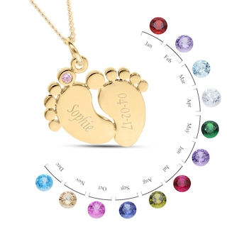 14K Gold Plated Birthstone Baby Feet Engravable Pendant Necklace