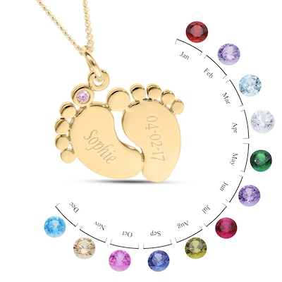 14K Gold Plated Birthstone Baby Feet Engravable Pendant Necklace