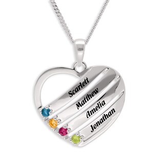 Sterling Silver Birthstone Four Name Heart Pendant Necklace