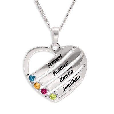 Sterling Silver Birthstone Four Name Heart Pendant Necklace