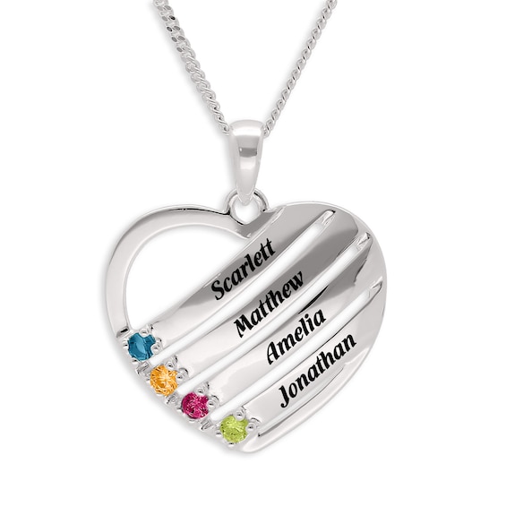 Sterling Silver Birthstone Four Name Heart Pendant Necklace