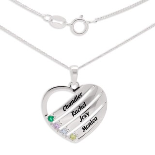 Sterling Silver Birthstone Four Name Heart Pendant Necklace