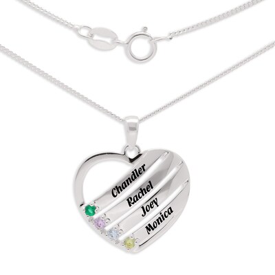 Sterling Silver Birthstone Four Name Heart Pendant Necklace