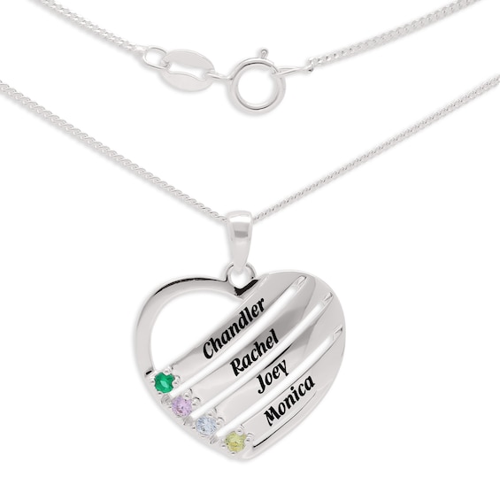 Sterling Silver Birthstone Four Name Heart Pendant Necklace
