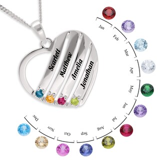 Sterling Silver Birthstone Four Name Heart Pendant Necklace