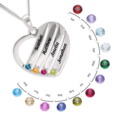 Sterling Silver Birthstone Four Name Heart Pendant Necklace