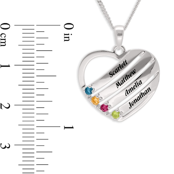 Sterling Silver Birthstone Four Name Heart Pendant Necklace
