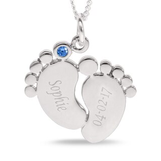 Sterling Silver Birthstone Baby Feet Engravable Pendant Necklace