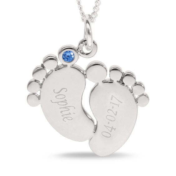 Sterling Silver Birthstone Baby Feet Engravable Pendant Necklace