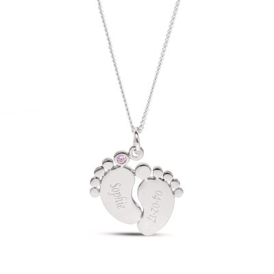 Sterling Silver Birthstone Baby Feet Engravable Pendant Necklace