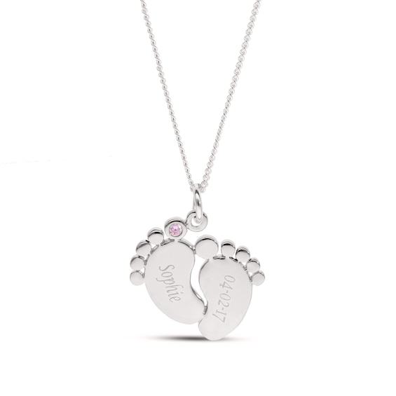 Sterling Silver Birthstone Baby Feet Engravable Pendant Necklace