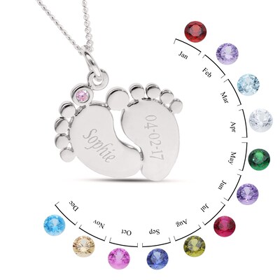 Sterling Silver Birthstone Baby Feet Engravable Pendant Necklace