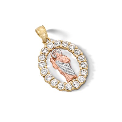 10K Solid Gold CZ Saint Jude Tri-Tone Necklace Charm