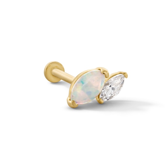 14K Hollow Gold CZ and Simulated Opal Marquise Stud - 18G 5/16"