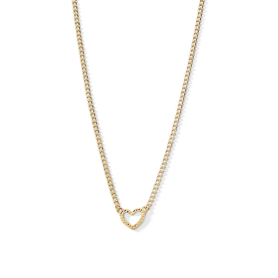 10K Hollow Gold Pavé Heart Curb Chain - 18" + 1"