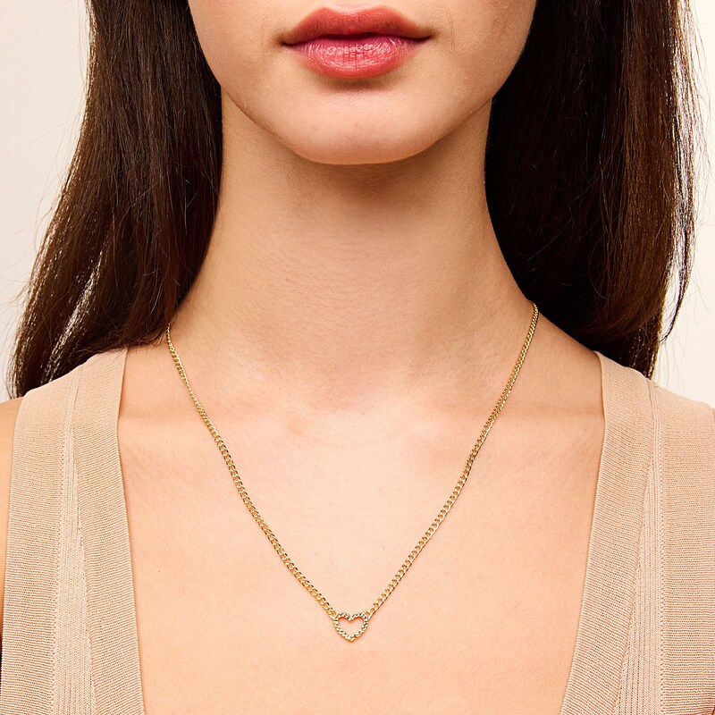Main Image 2 of 10K Hollow Gold Pavé Heart Curb Chain - 18" + 1"