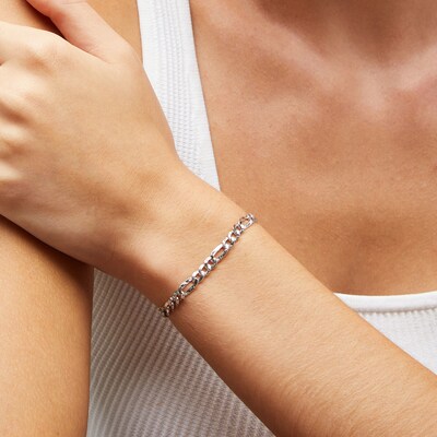 Sterling Silver Hammered Figaro Chain Bracelet Made in Italy - 8.5"