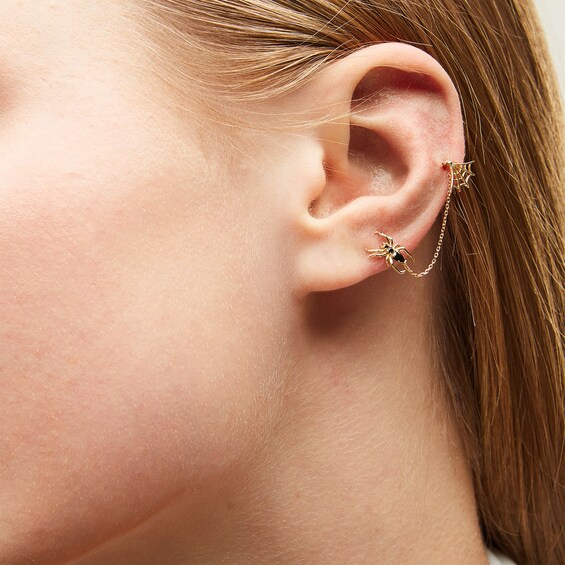 10K Gold Black CZ Spider Web Chain Stud