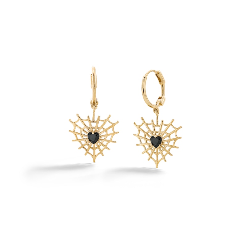 10K Gold Black Glass Heart Web Huggie Hoops