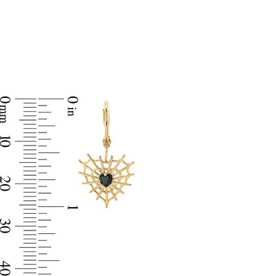 10K Gold Black Glass Heart Web Huggie Hoops