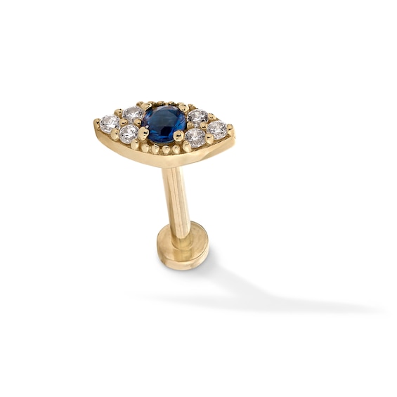 14K Hollow Gold CZ and Blue Glass Evil Eye Stud - 18G 5/16"